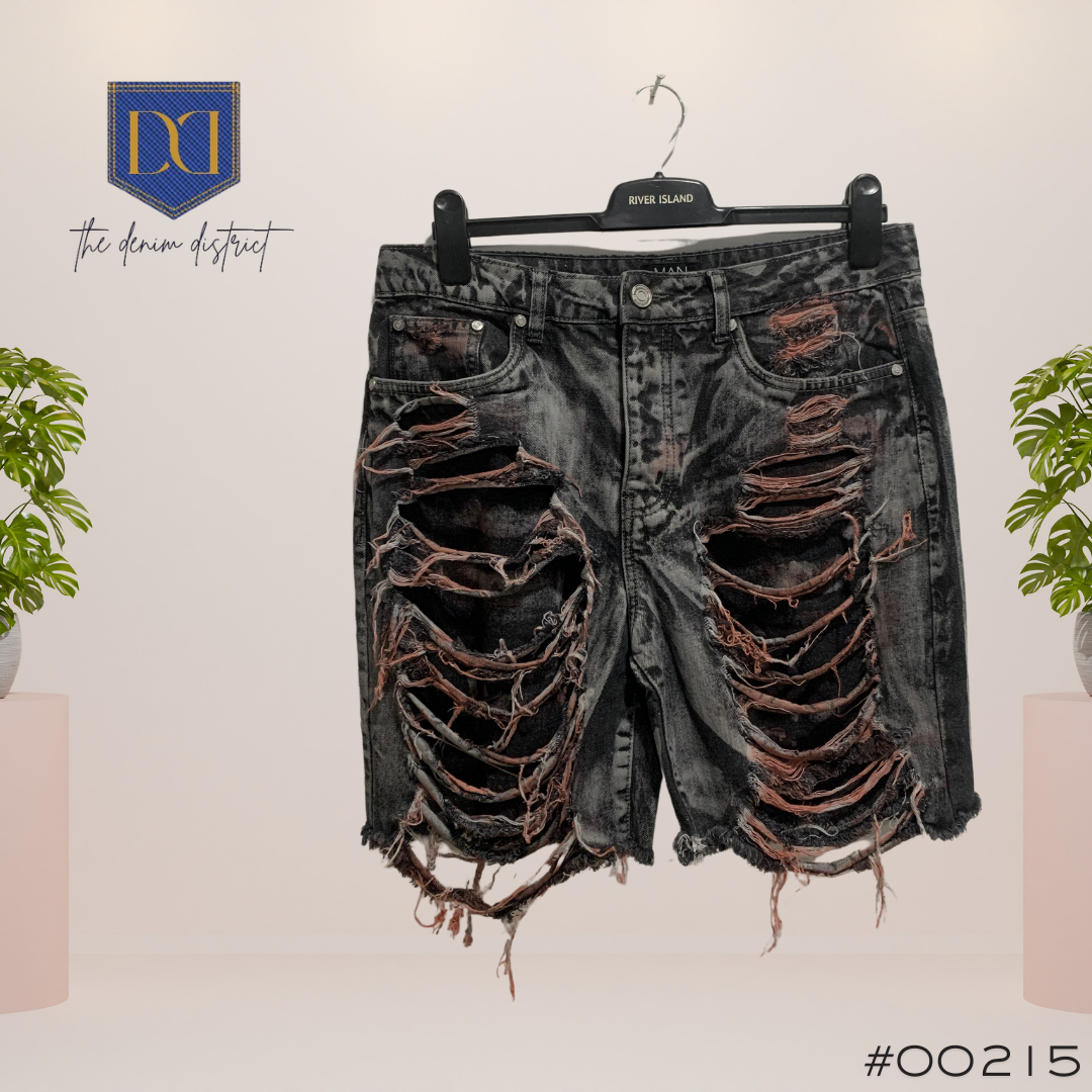 #00215 MNG | පිරිමි ලිහිල් රිජිඩ් අතිශය ඉරුණු මැද අළු පැහැති ටින්ටඩ් ඩෙනිම් කොට කලිසම්