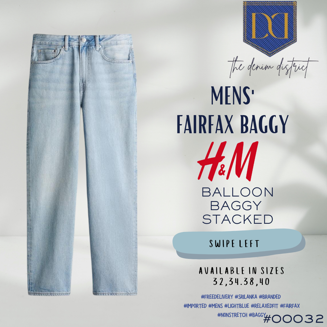 #00032 Men's H&M Baggy Fairfax Relaxed Fit Jeans - Pale Denim Blue | Stacked Ankle Design