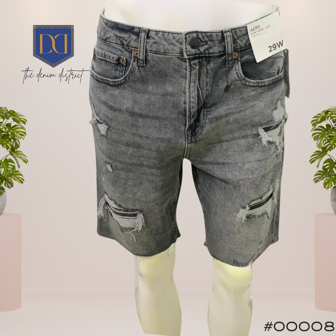#00008 Aeropostale Men’s Slim Fit Stretch Grey Ripped Distressed Raw Hem Shorts