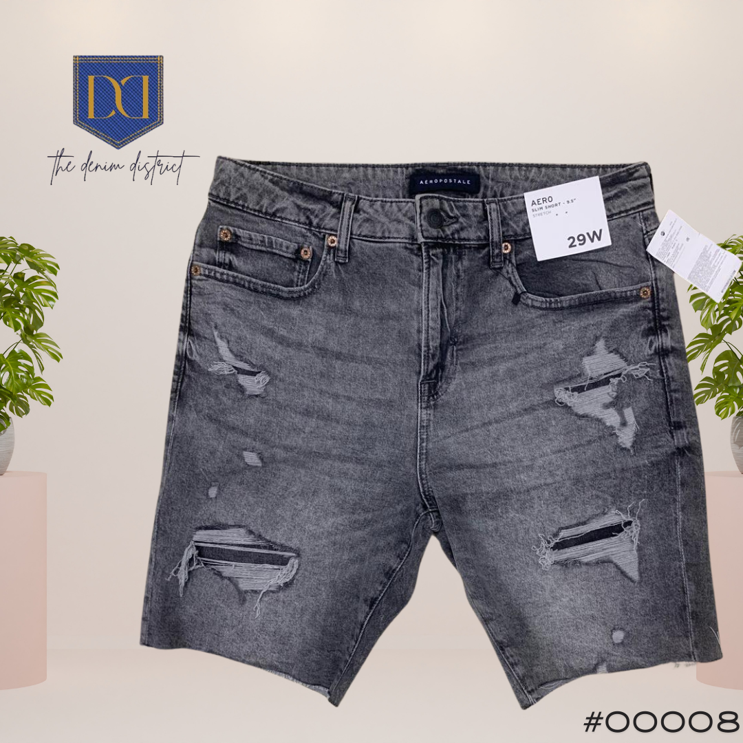 #00008 Aeropostale Men’s Slim Fit Stretch Grey Ripped Distressed Raw Hem Shorts
