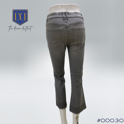 #00030  Women's Mid Rise Cropped Kick Flare Leg Jeans in Grey
