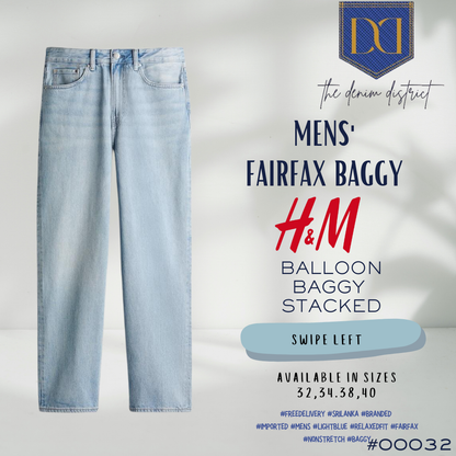 #00032 Men's H&M Baggy Fairfax Relaxed Fit Jeans - Pale Denim Blue | Stacked Ankle Design