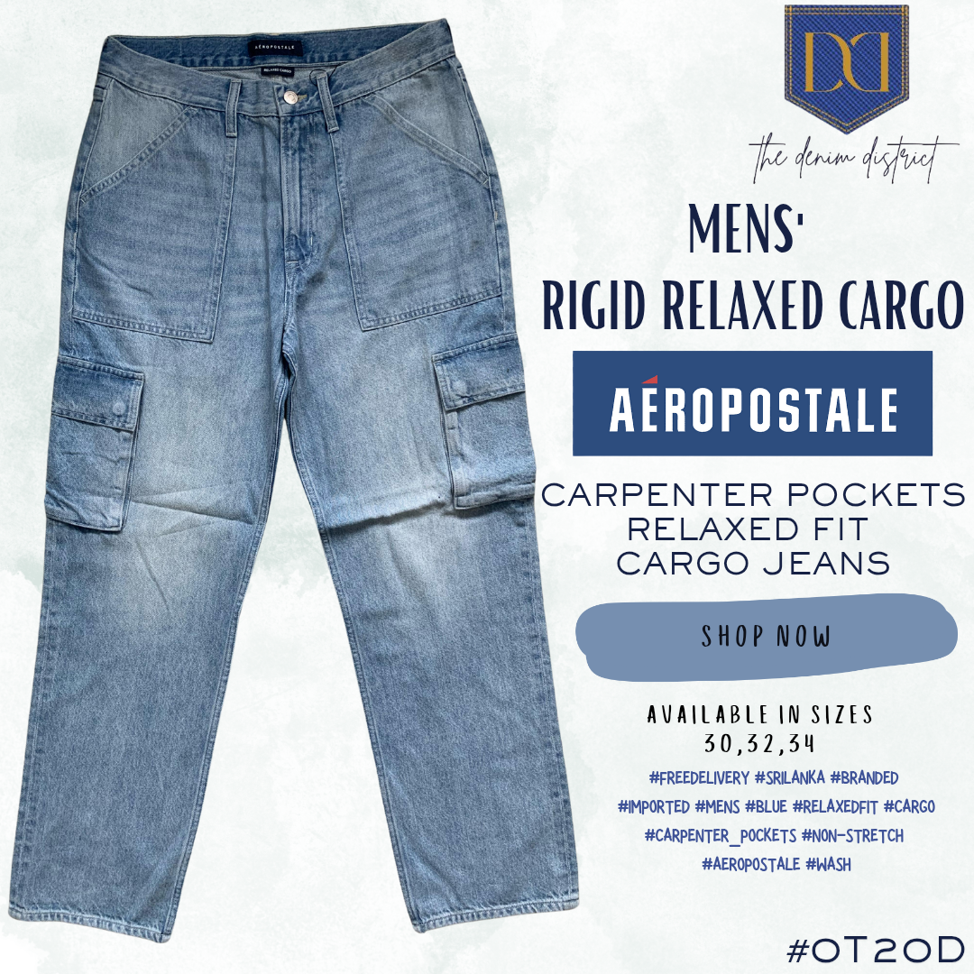 #0T20D Men's Denim Blue Relaxed Fit Cargo Jeans | Rigid Denim | Carpenter Pockets | Aeropostale