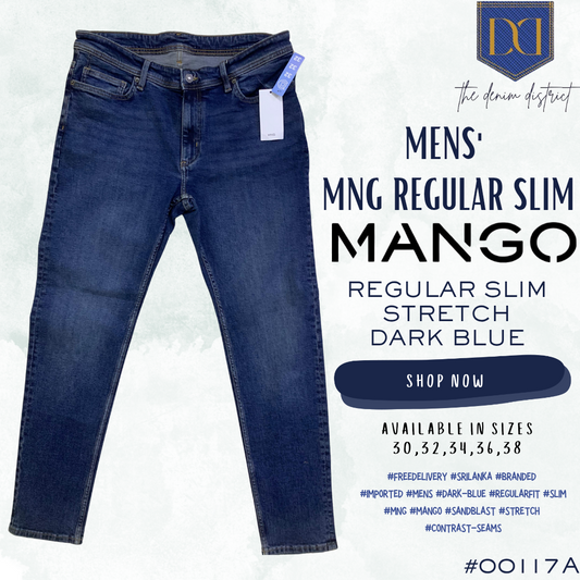 #0117A Men's Dark Blue Regular Slim Jeans | Contrast Stitch Detailing | Mango [MNG] ORIGINAL