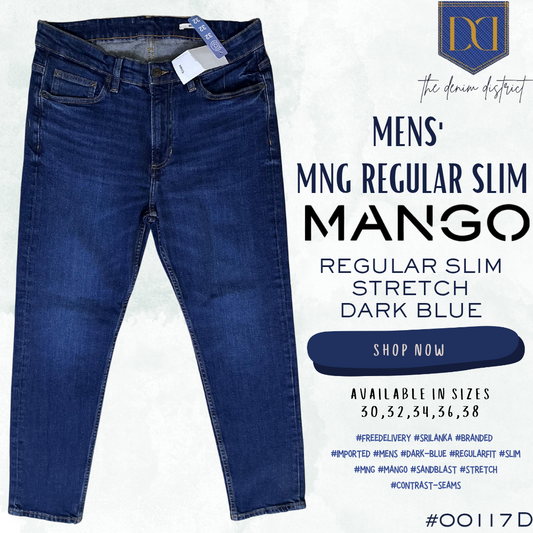 #0117D Men's Dark Blue Regular Slim Jeans | Contrast Stitch Detailing | Mango [MNG] ORIGINAL