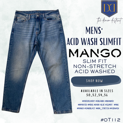 #0T112 Men's Dark Blue Acid Wash Jeans | MANGO | Slim Fit | Contrast Stitching | Non-Stretch Denim