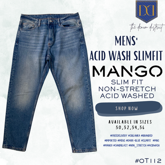 #0T112 Men's Dark Blue Acid Wash Jeans | MANGO | Slim Fit | Contrast Stitching | Non-Stretch Denim