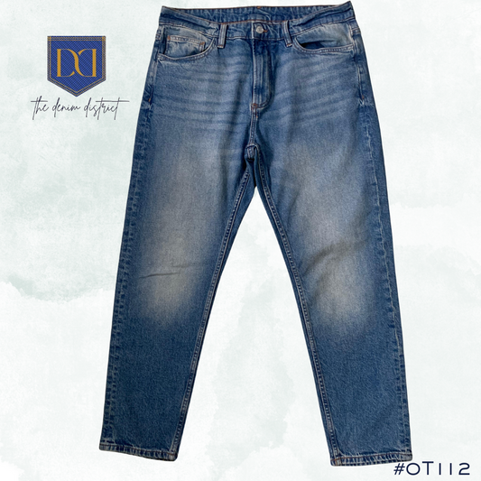 #0T112 Men's Dark Blue Acid Wash Jeans | MANGO | Slim Fit | Contrast Stitching | Non-Stretch Denim